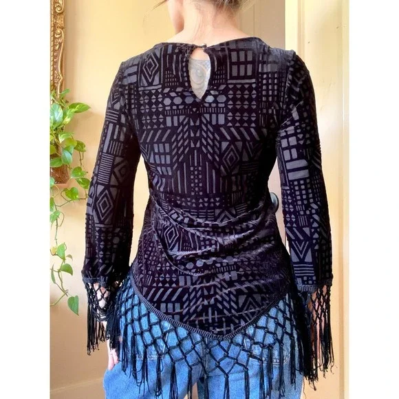 Indie Vintage Burnout Velvet Geometric Fringe Top - Picture 2 of 3